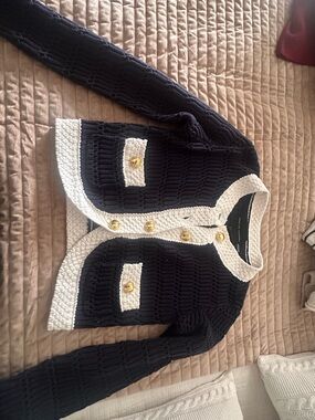English Factory Navy and White Cropped Knit Cardigan with Gold Button